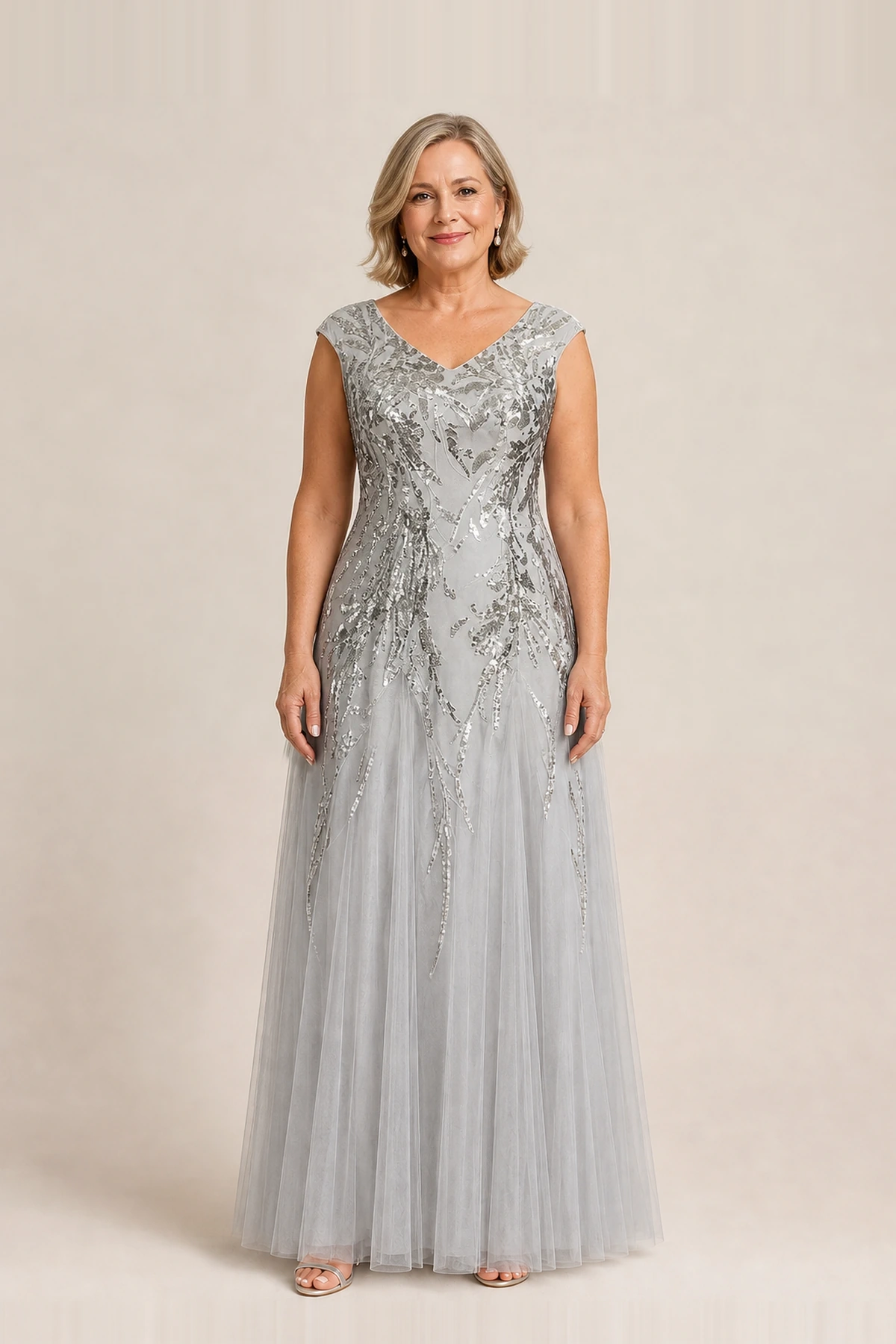 Sylvie Glitter Embroidered Silver Gown Soft Sparkle with Gentle Coverage by Dressology