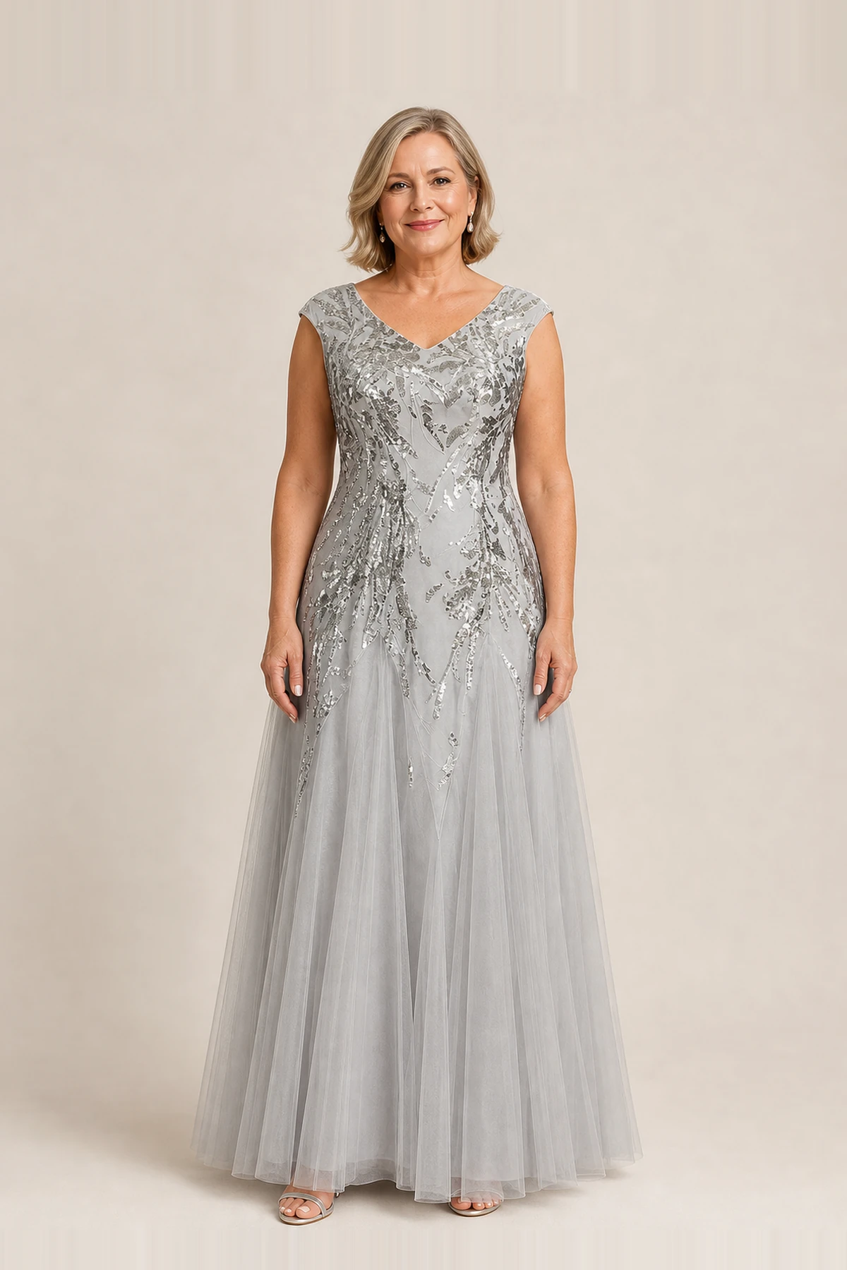Sylvie Glitter Embroidered Silver Gown Soft Sparkle with Gentle Coverage by Dressology