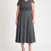 Charcoal grey pearl-beaded A-line midi dress with a draped crossover portrait neckline and cap sleeve coverage, front view, worn by a mother of the groom