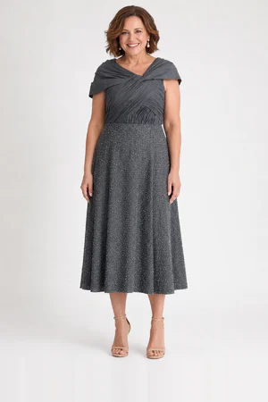 Elaina Flared Midi Charcoal Dress Pearl-Beaded A-Line with Shoulder Coverage by Trellis Lane