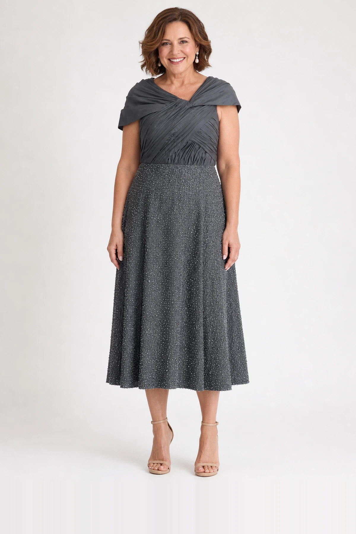 Elaina Flared Midi Charcoal Dress Pearl-Beaded A-Line with Shoulder Coverage by Trellis Lane