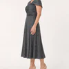 Side view of the charcoal pearl-beaded A-line midi dress showing the shoulder drape and the flare of the skirt