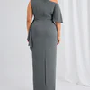 Back view of the charcoal one-shoulder gown showing the concealed centre back zip and the walking split at the hem