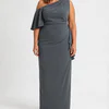 Charcoal grey one-shoulder column gown with a soft flutter sleeve and hip ruffle, front view, worn by a mother of the bride