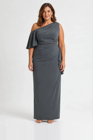 Mishy Charcoal Gown One-Shoulder Drape with a Soft Flutter Sleeve by Trellis Lane