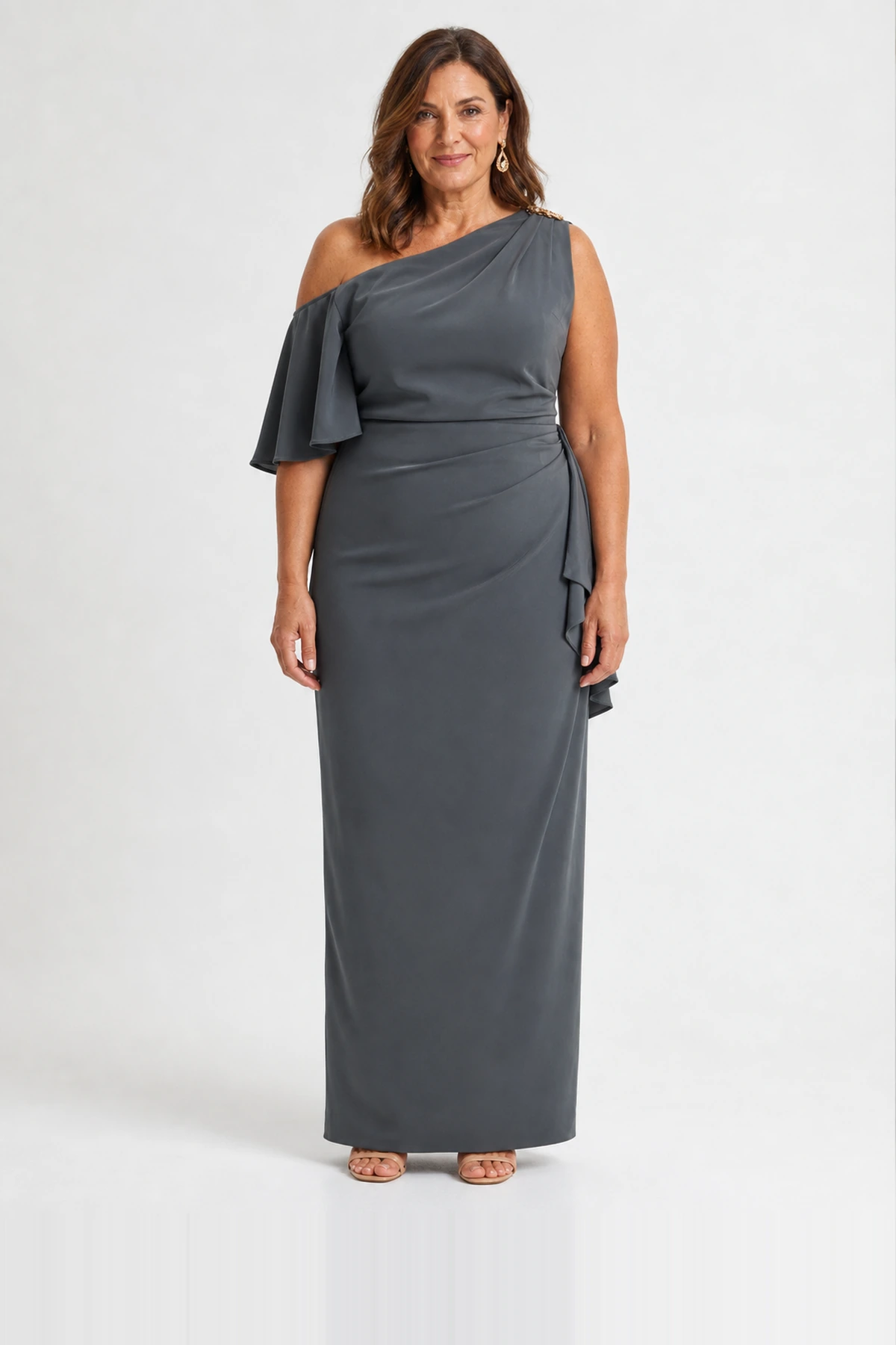 Mishy Charcoal Gown One-Shoulder Drape with a Soft Flutter Sleeve by Trellis Lane