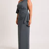 Side view of the charcoal one-shoulder column gown showing the cascading hip ruffle and straight skirt