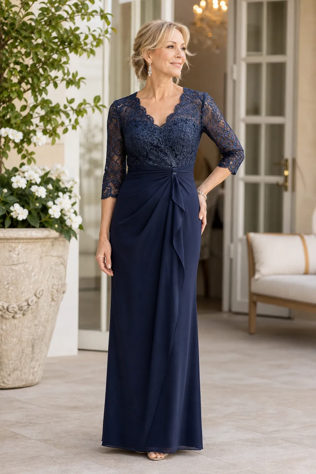Mother of the bride in a matching dress and jacket set at a wedding