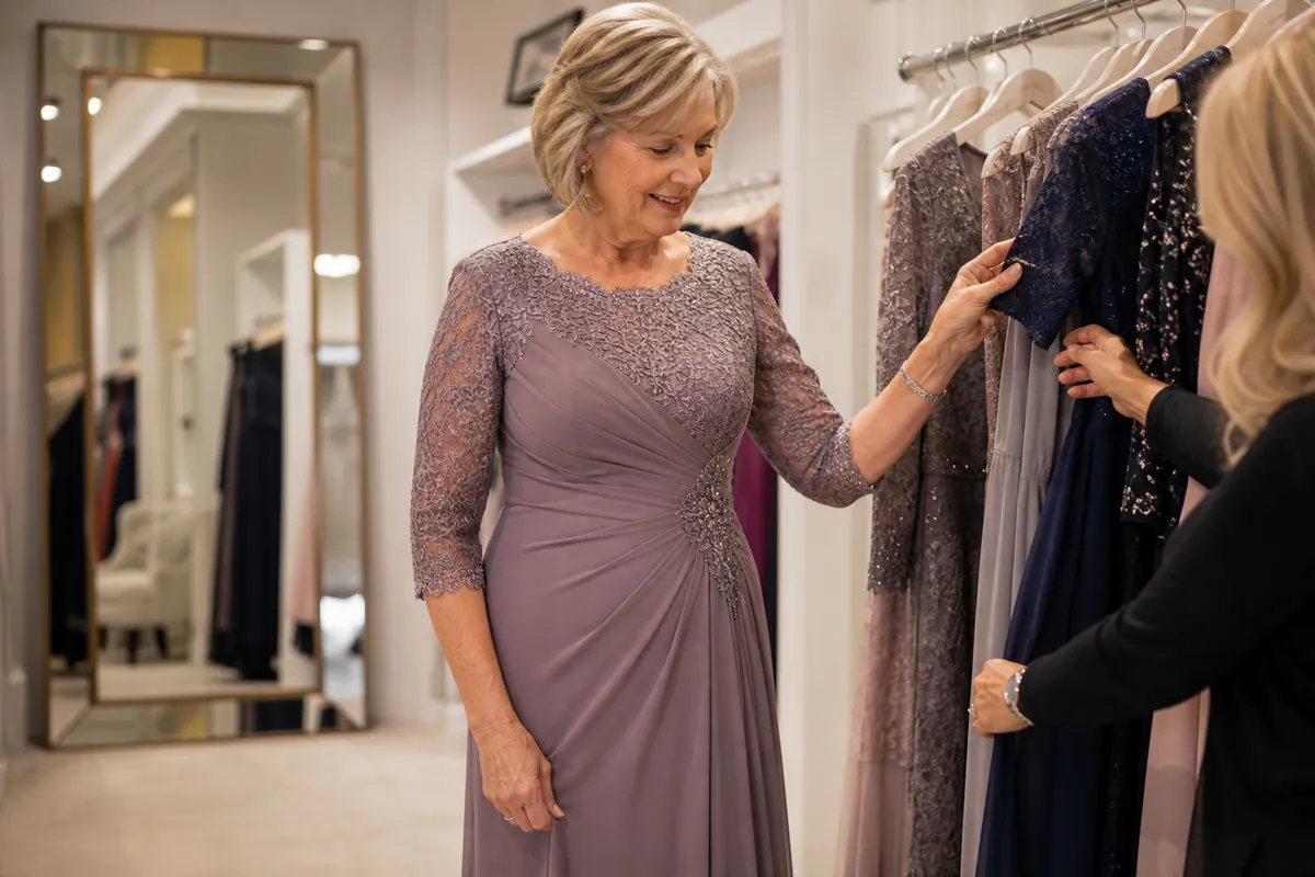 Trying on a mother of the bride dress with a matching bolero jacket