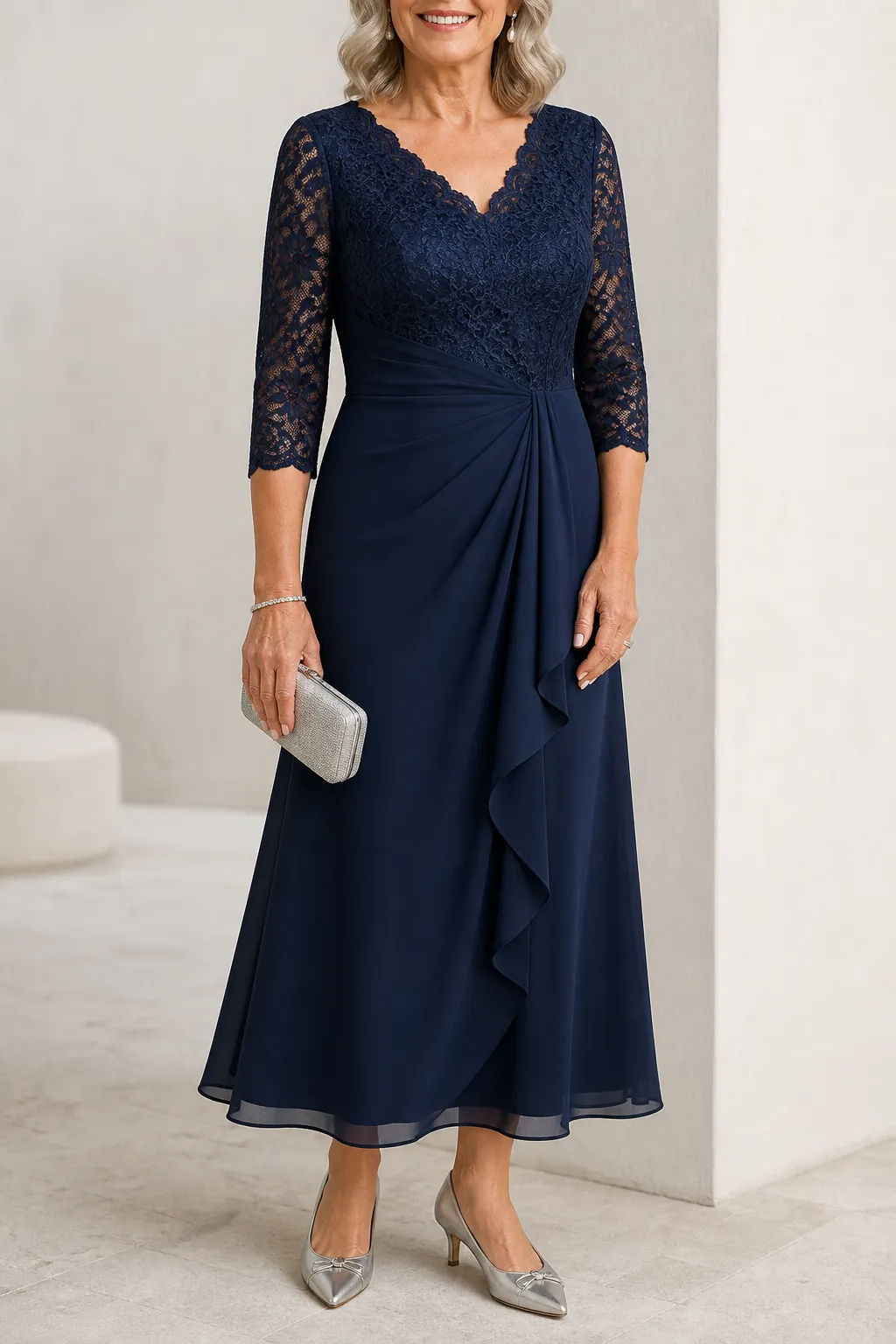 Close-up of a dress and jacket set showing matched fabric and trim