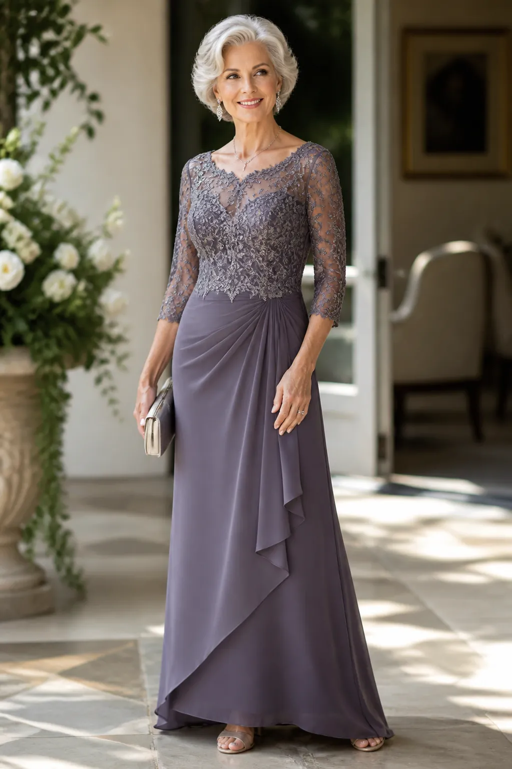 Petite mother of the bride in a well-proportioned formal gown