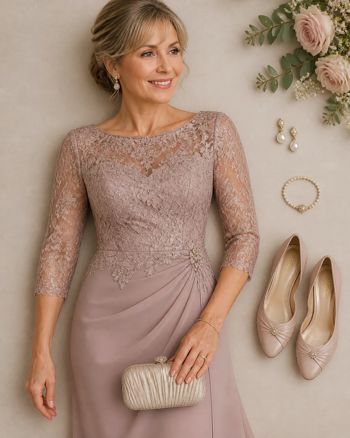 Close-up of a petite formal dress showing waist placement and hemline