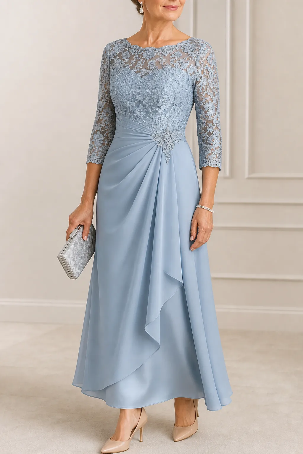 Close-up of a relaxed formal outfit with a wrap and understated jewellery