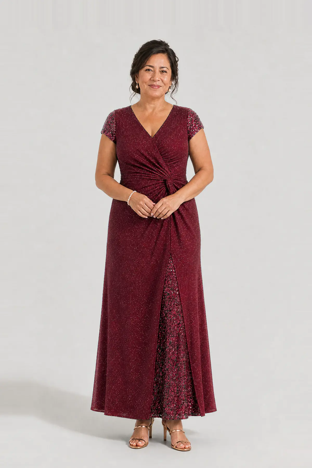 Delphine Twist Waist Glitter Knit Burgundy Gown by Dressology mother of the bride dress on model