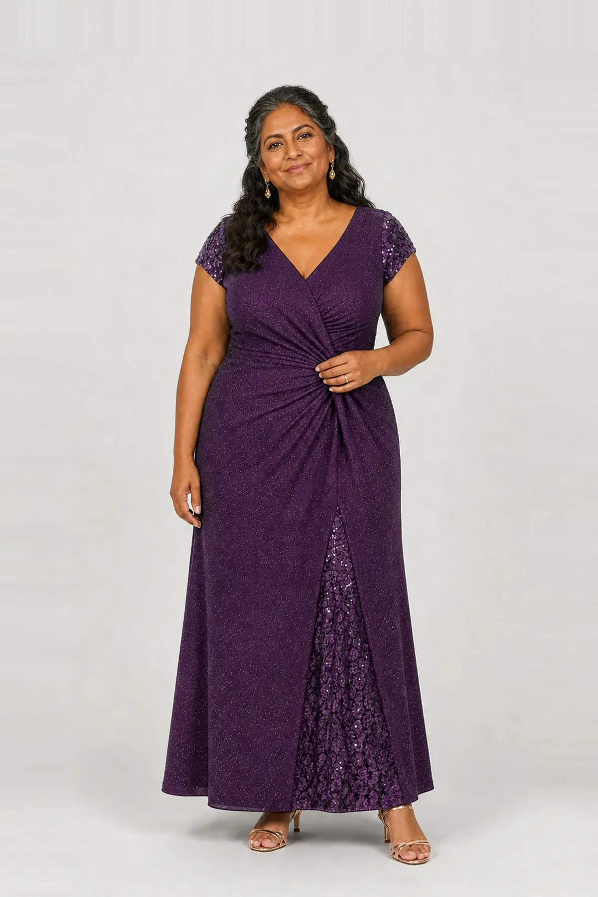 Delphine Twist Waist Glitter Knit Purple Gown by Dressology mother of the bride dress on a plus size model