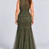 Celestine Olive Green sequin tulle gown by Dressology — curvy back view