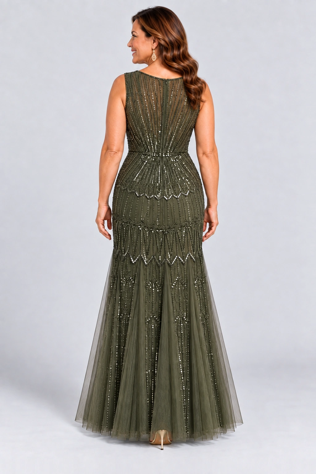 Celestine Olive Green sequin tulle gown by Dressology — curvy back view