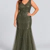 Celestine Olive Green sequin tulle gown by Dressology — curvy front view