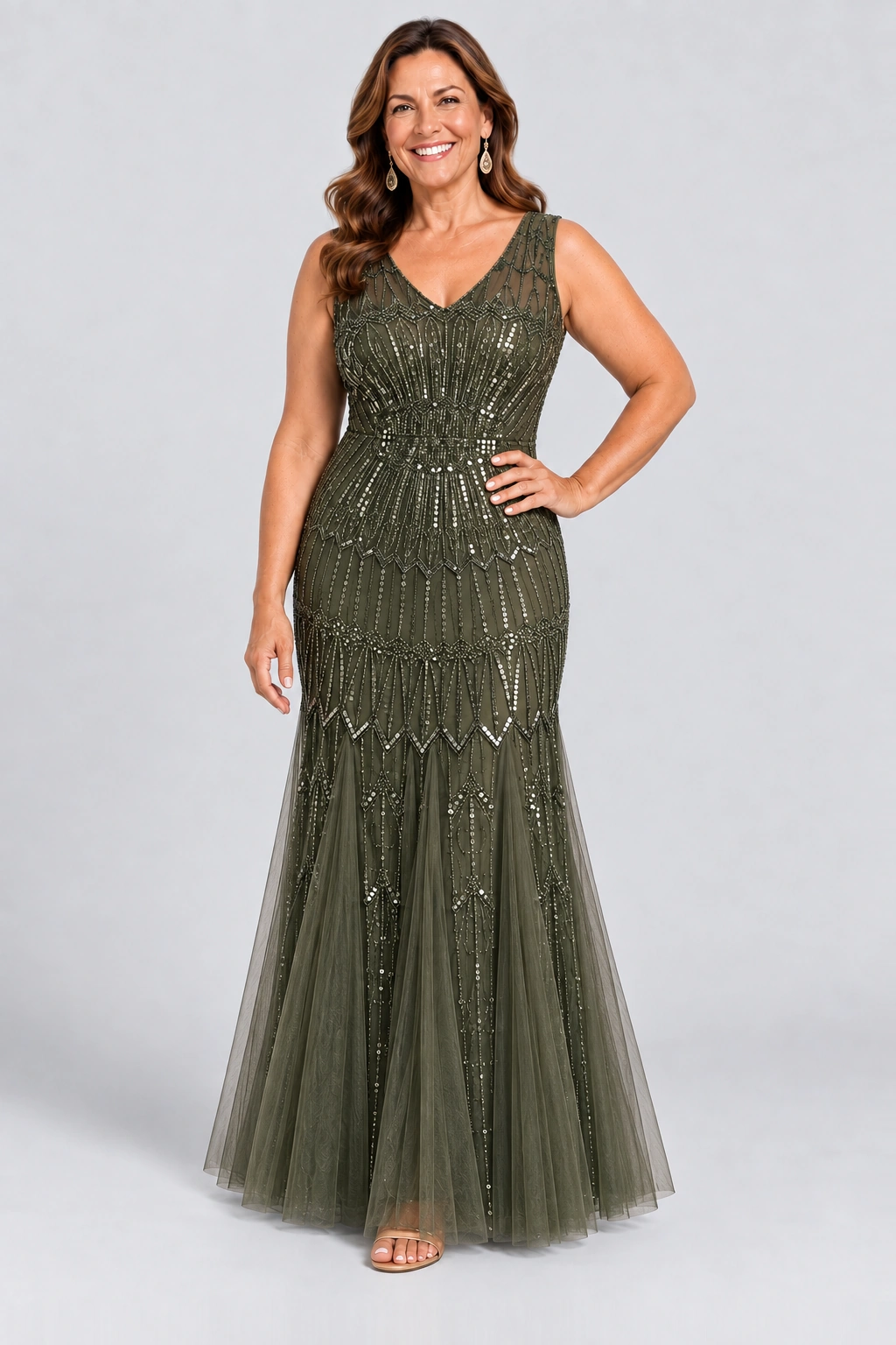 Celestine Olive Green sequin tulle gown by Dressology — curvy front view