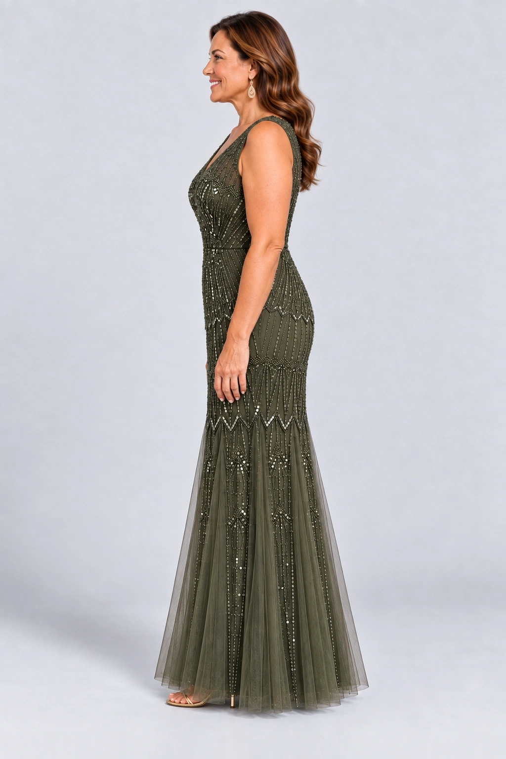 Celestine Olive Green sequin tulle gown by Dressology — curvy side view