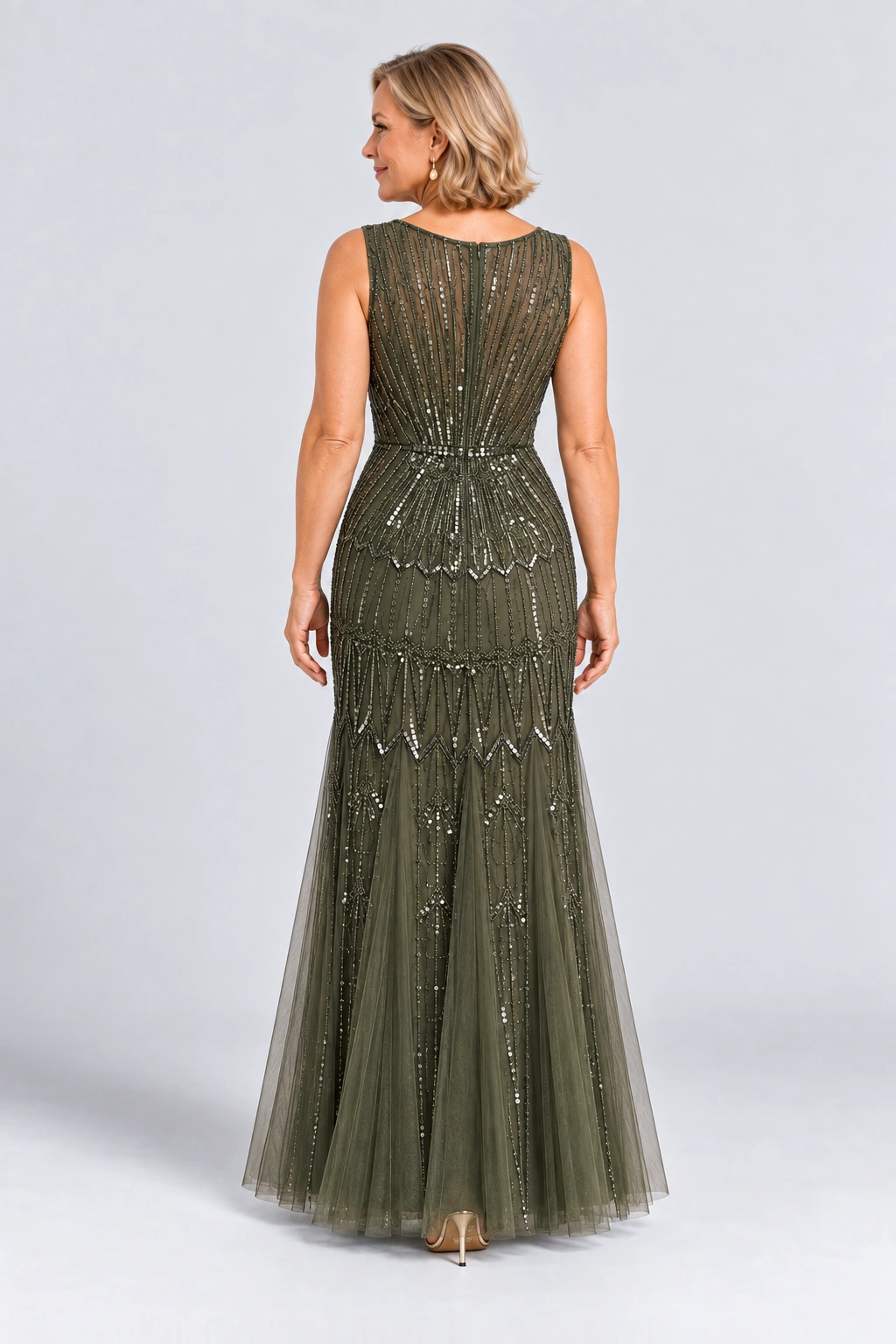 Celestine Olive Green sequin tulle gown by Dressology — regular back view