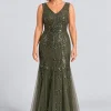 Celestine Olive Green sequin tulle gown by Dressology — regular front view