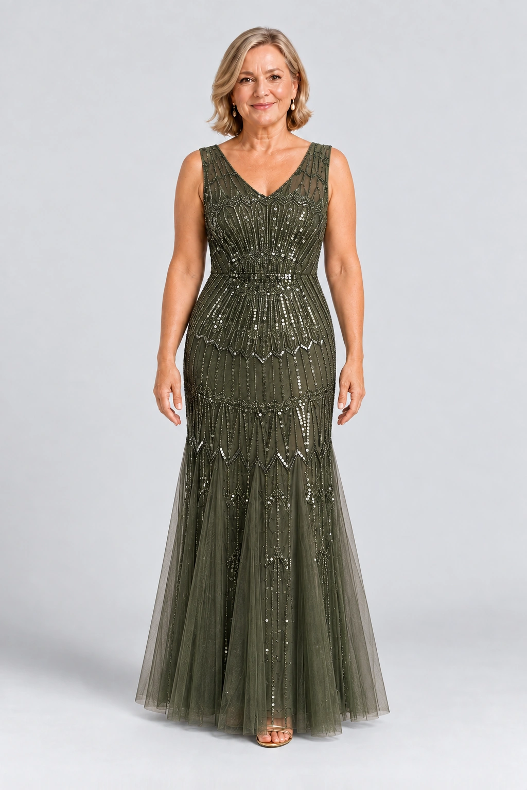 Celestine Olive Green Sequin Tulle Sleeveless Maxi Gown by Dressology