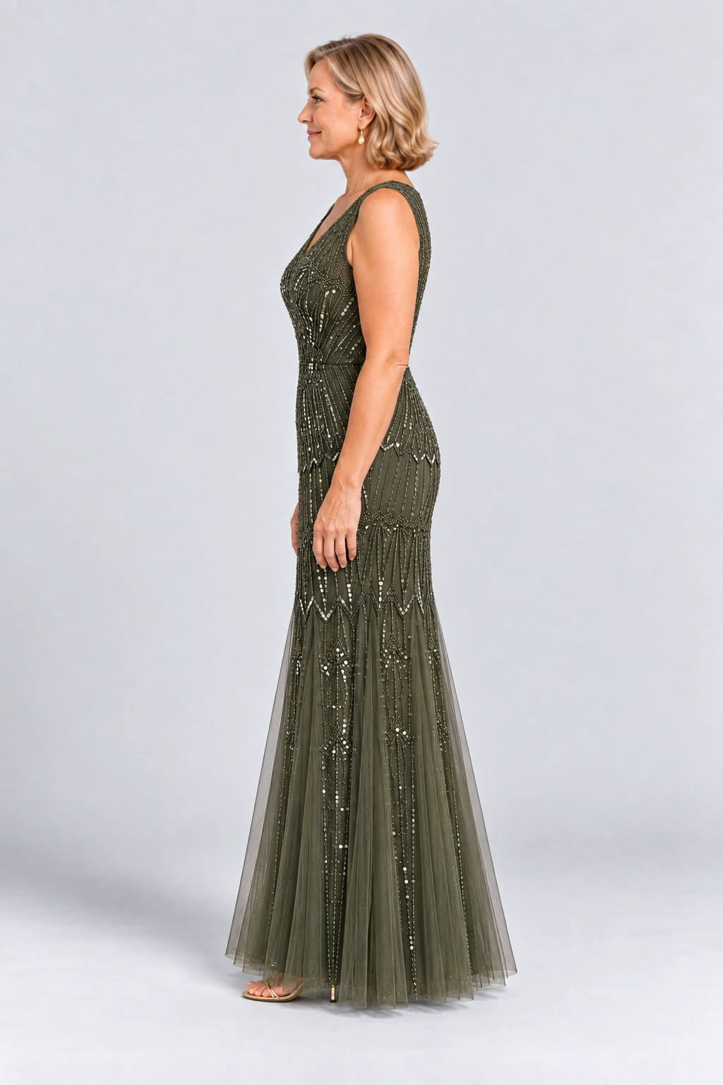 Celestine Olive Green sequin tulle gown by Dressology — regular side view