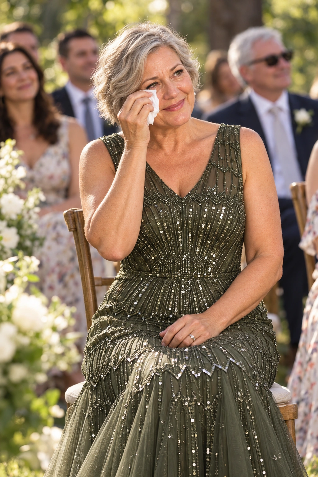 Illustrative garden wedding scene with a mother wearing the Celestine Olive Green gown by Dressology