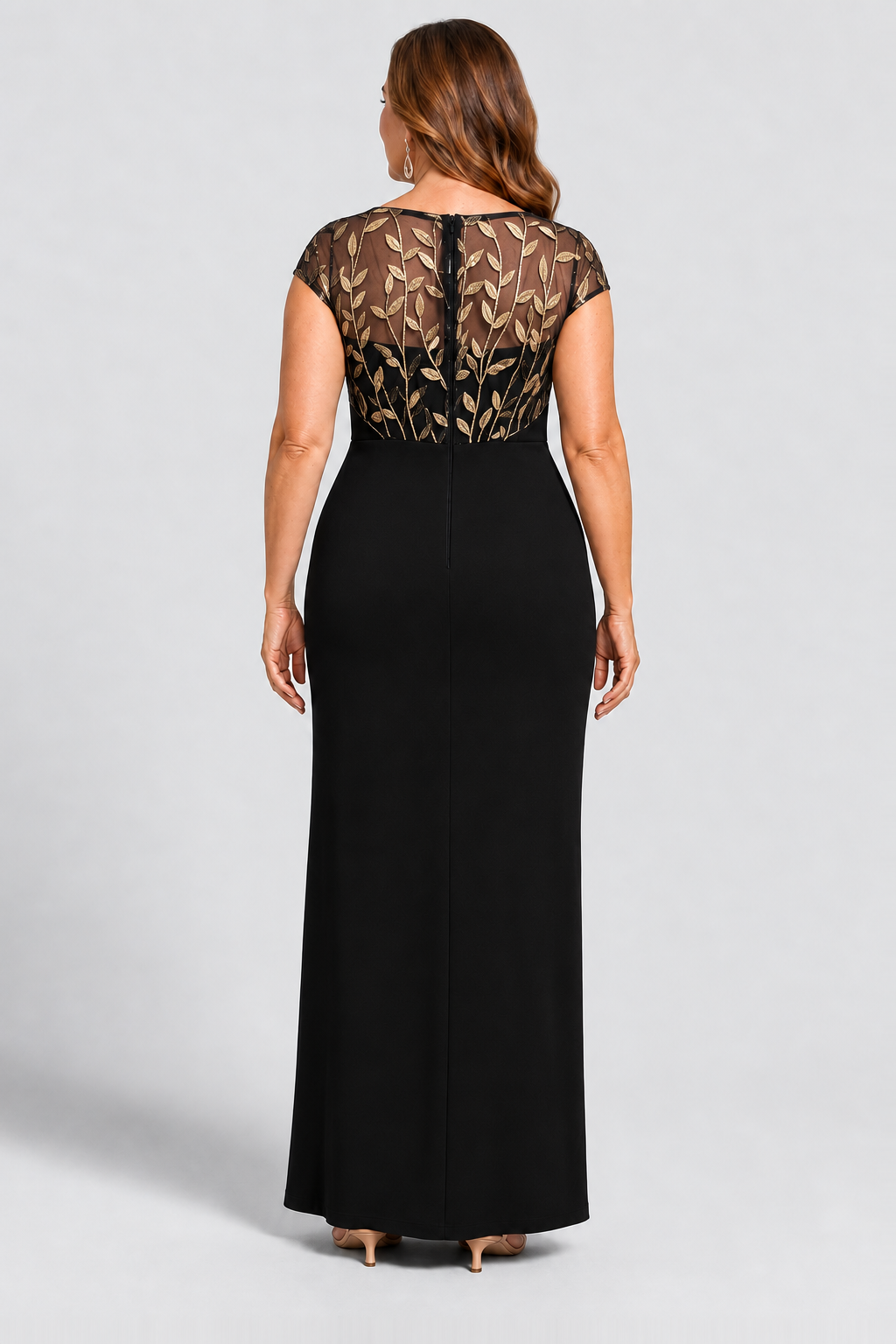 Charlotte Black and Gold column gown by Dressology — curvy back view