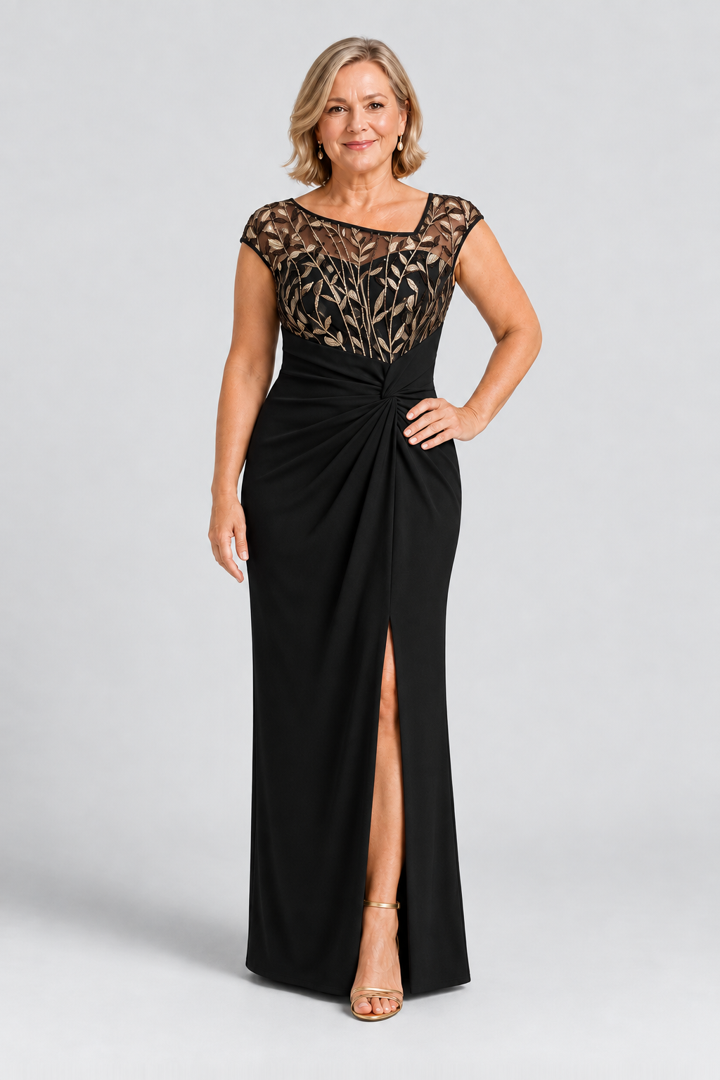 Charlotte Knotted Crepe Black and Gold Column Gown with Embroidered Cap Sleeves by Dressology