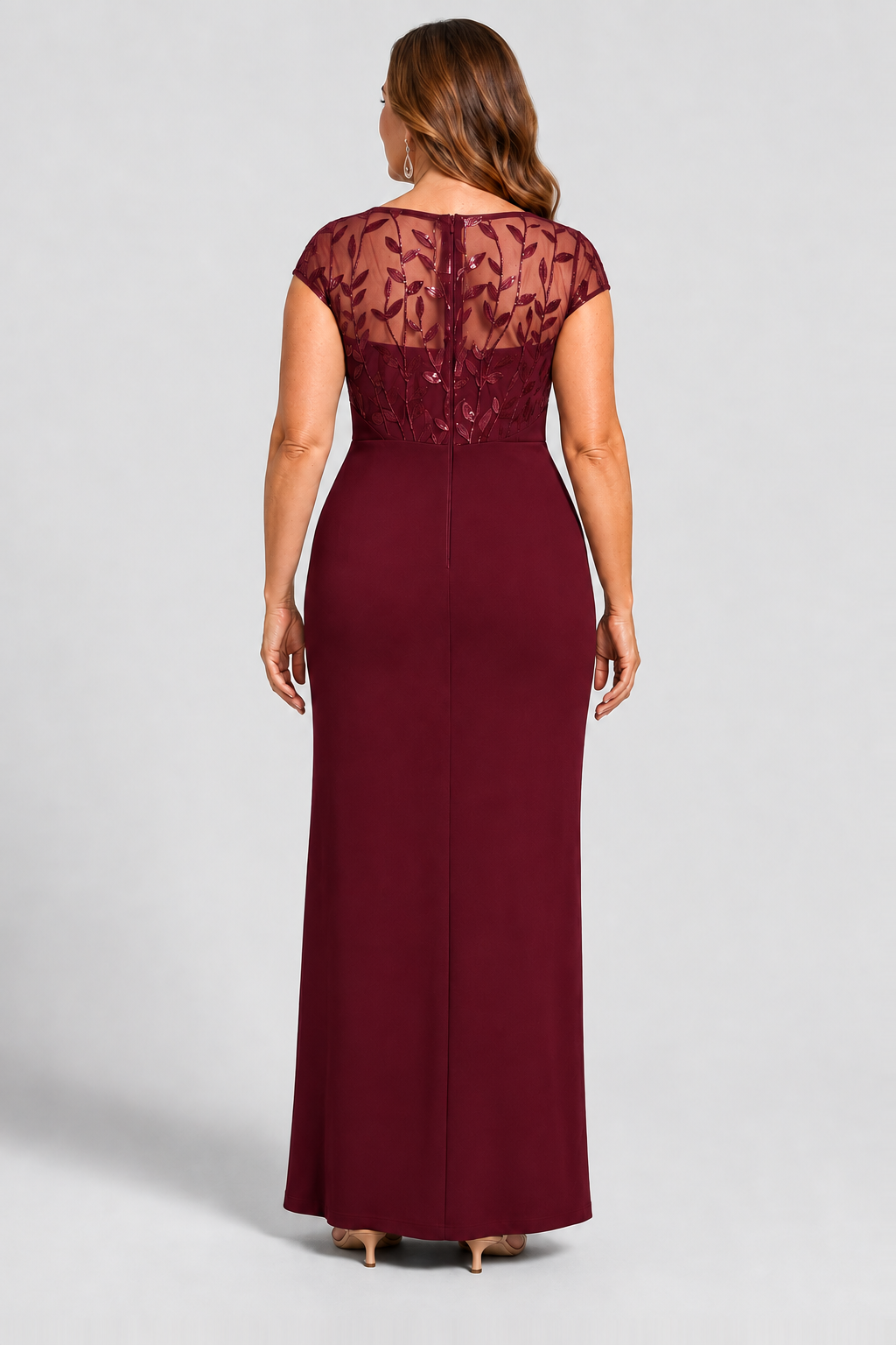 Charlotte Burgundy column gown by Dressology — curvy back view