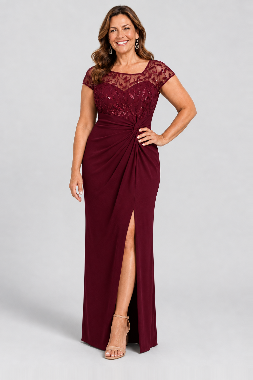Charlotte Burgundy column gown by Dressology — curvy front view