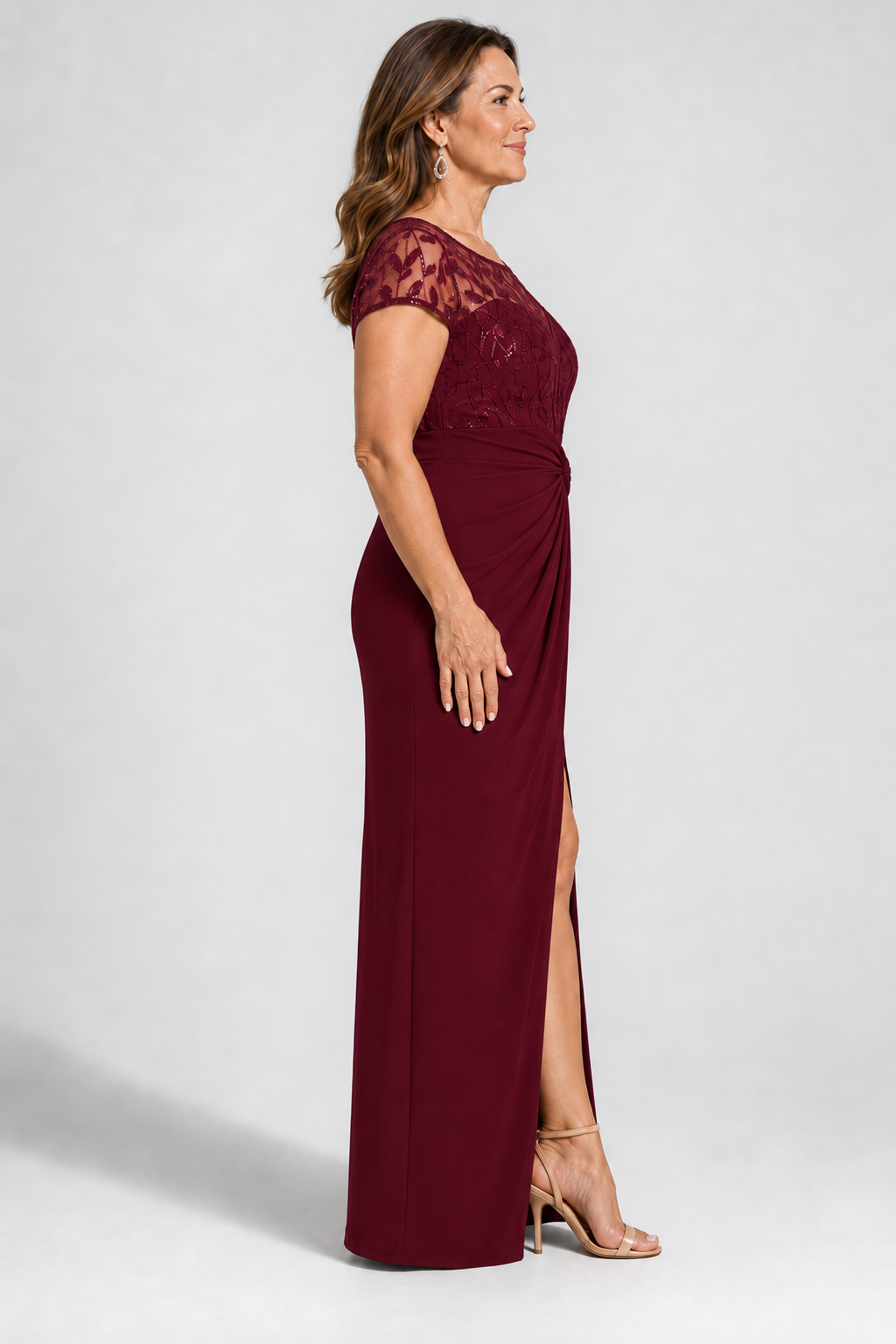 Charlotte Burgundy column gown by Dressology — curvy side view