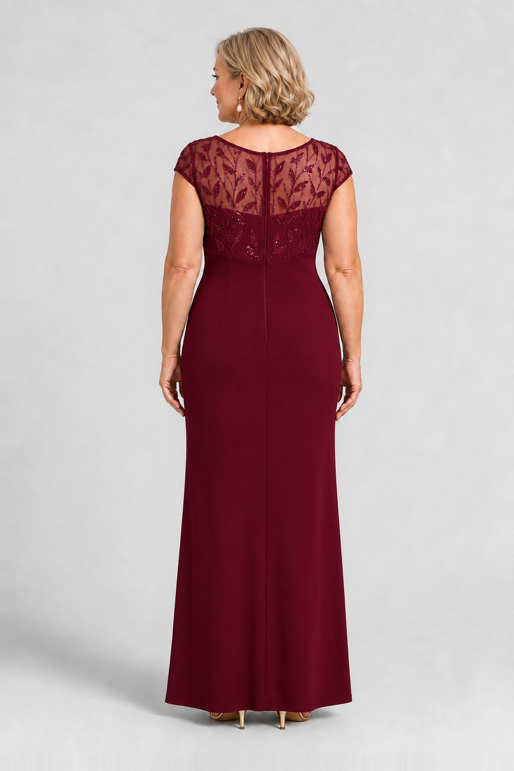 Charlotte Burgundy column gown by Dressology — regular back view
