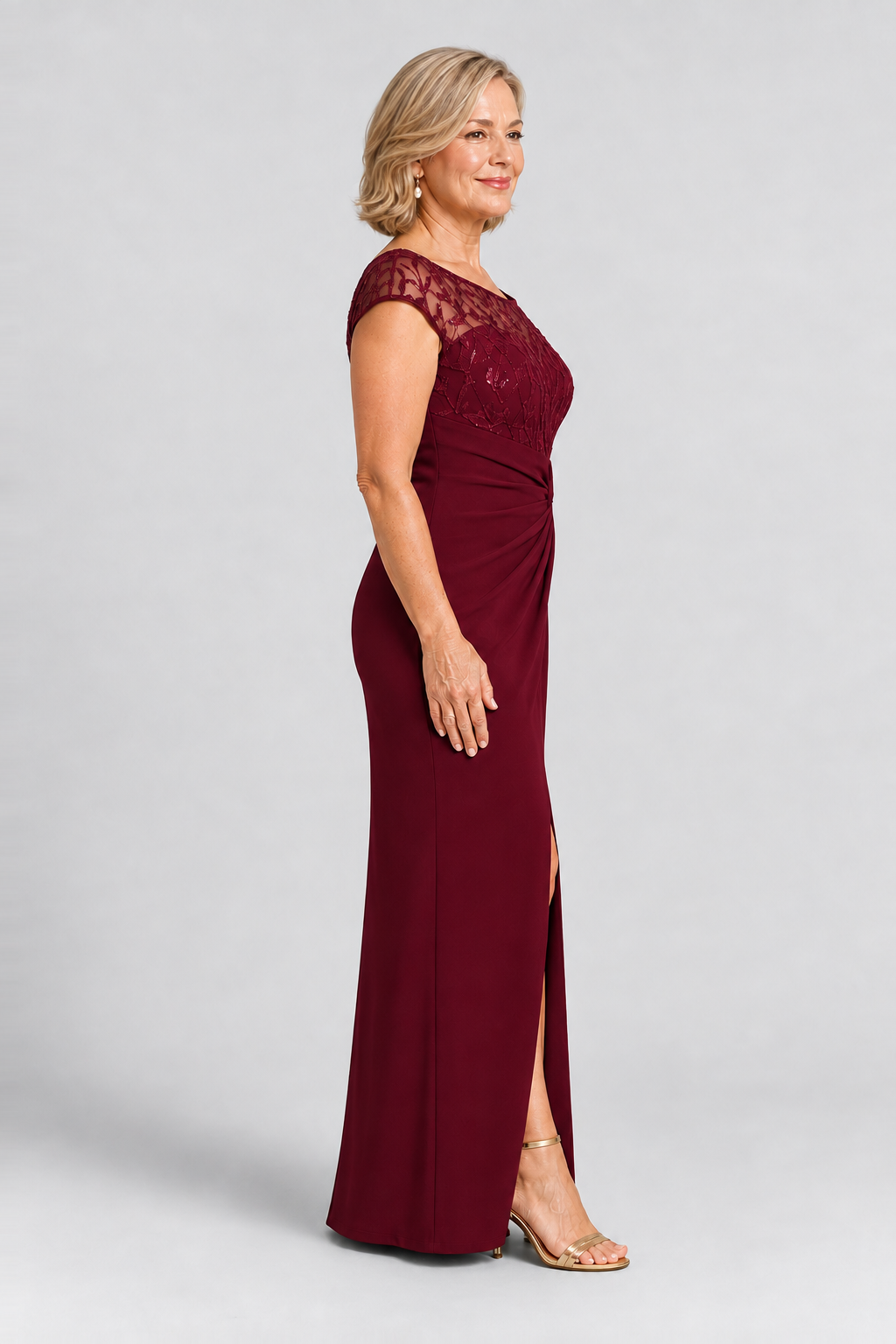 Charlotte Burgundy column gown by Dressology — regular side view