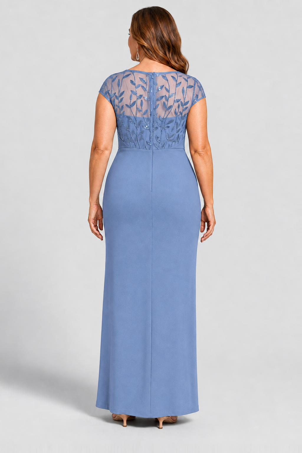 Charlotte Dusty Blue column gown by Dressology — curvy back view