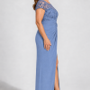 Charlotte Dusty Blue column gown by Dressology — curvy side view