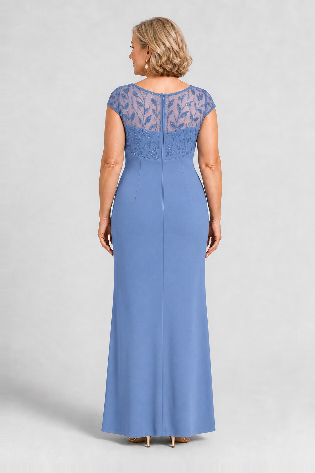 Charlotte Dusty Blue column gown by Dressology — regular back view