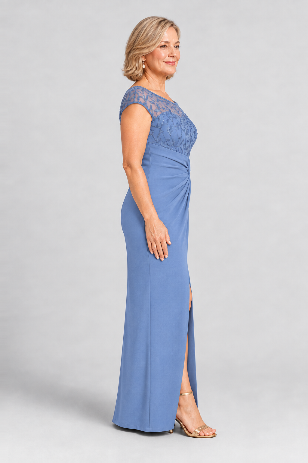 Charlotte Dusty Blue column gown by Dressology — regular side view