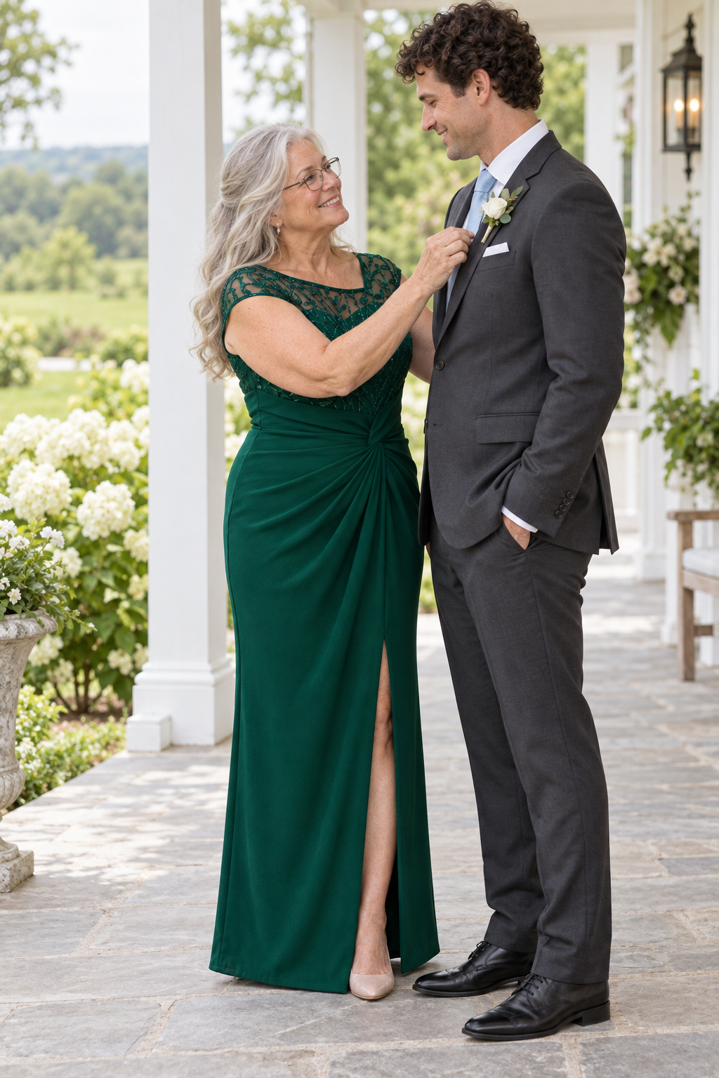 Charlotte Emerald Green column gown by Dressology — candid view