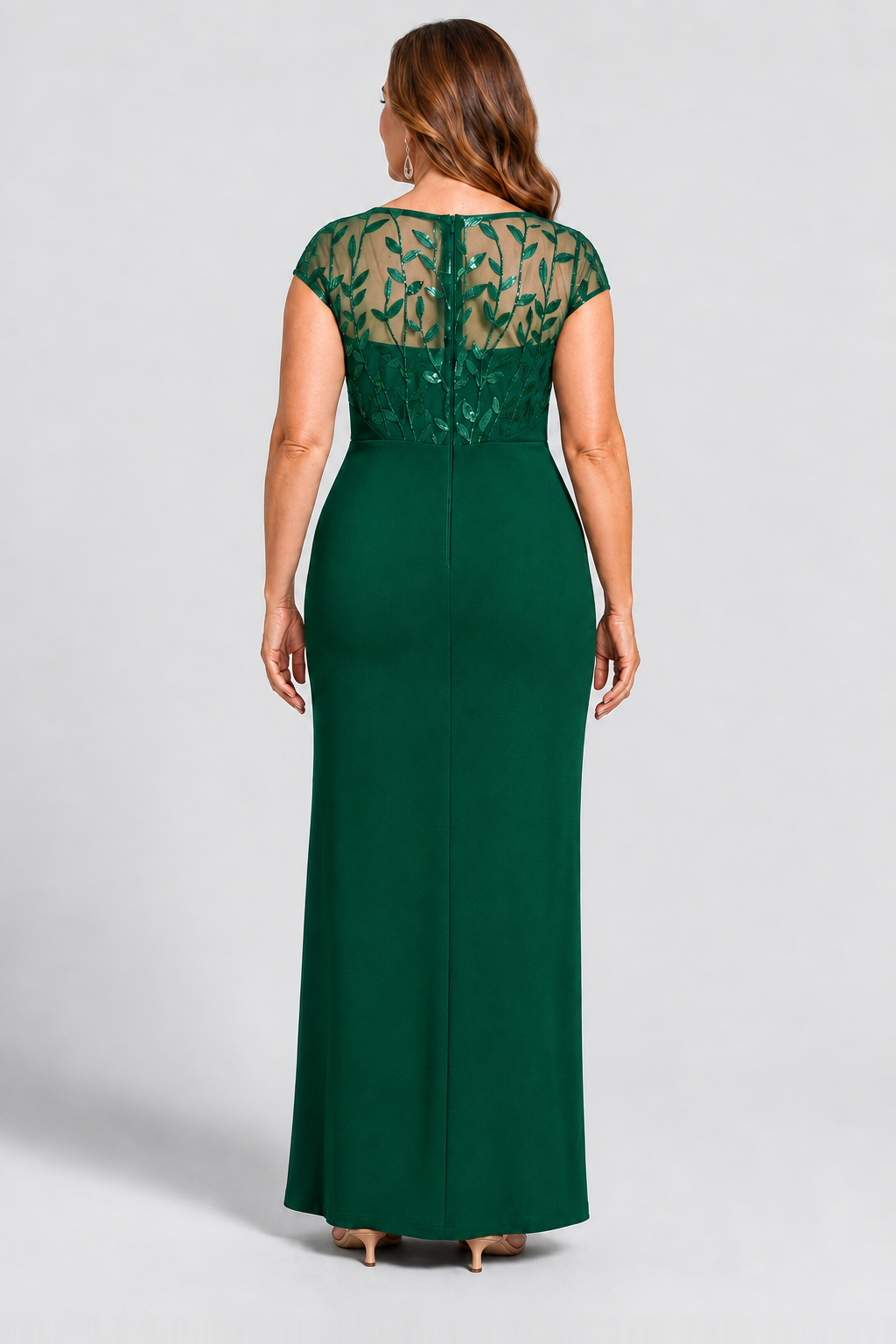 Charlotte Emerald Green column gown by Dressology — curvy back view