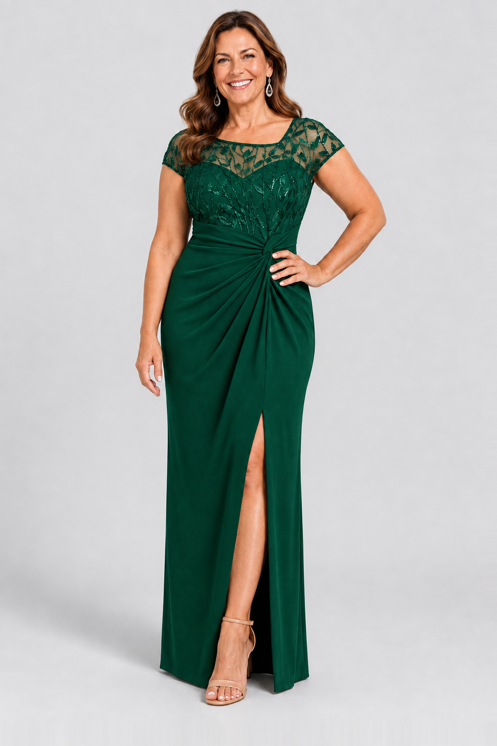 Charlotte Emerald Green column gown by Dressology — curvy front view