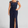 Navy knotted crepe column gown with embroidered illusion cap sleeves and a soft waist knot, front view, worn by a mother of the bride
