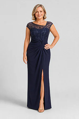 Charlotte Knotted Crepe Navy Column Gown with Embroidered Cap Sleeves by Dressology