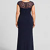 Navy knotted crepe column gown, back view showing the embroidered mesh yoke and centre-back zip, worn by a mother of the bride