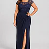 Navy knotted crepe column gown with embroidered illusion cap sleeves and a soft waist knot, front view, worn by a plus-size mother of the bride