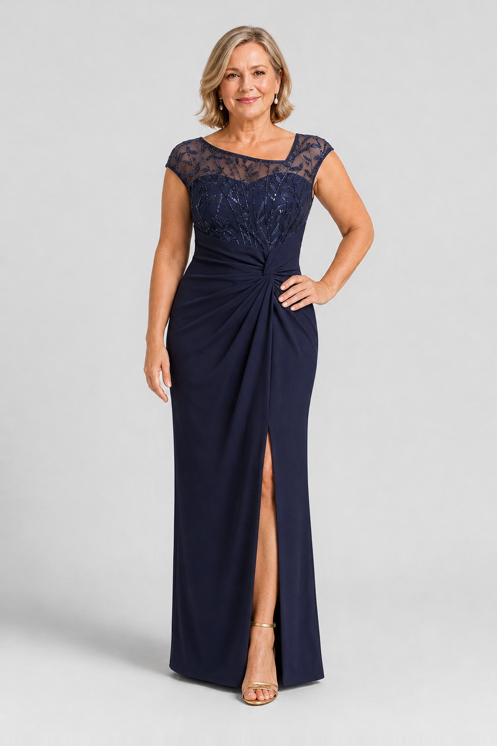 Charlotte Knotted Crepe Navy Column Gown with Embroidered Cap Sleeves by Dressology