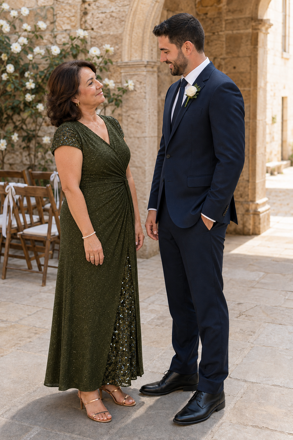 Mother and groom at an outdoor wedding, wearing the Delphine Olive gown by Dressology