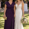 Mother and bride at an outdoor wedding, wearing the Delphine Purple gown by Dressology
